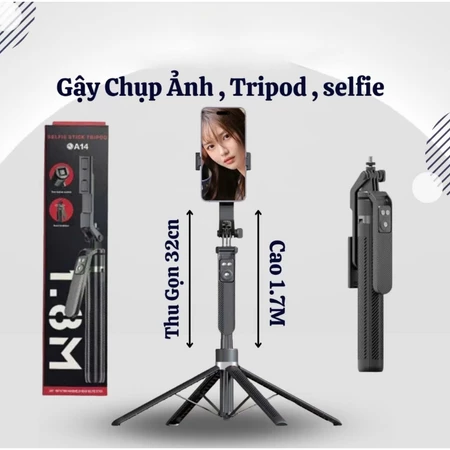 Gậy chụp ảnh Selfie 4 chân A14 1M8 điều khiển từ xa có đèn