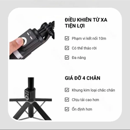 Gậy chụp ảnh Selfie 4 chân A14 1M8 điều khiển từ xa có đèn