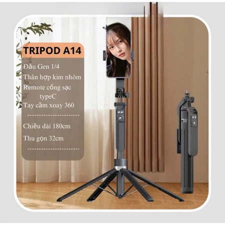 Gậy chụp ảnh Selfie 4 chân A14 1M8 điều khiển từ xa có đèn