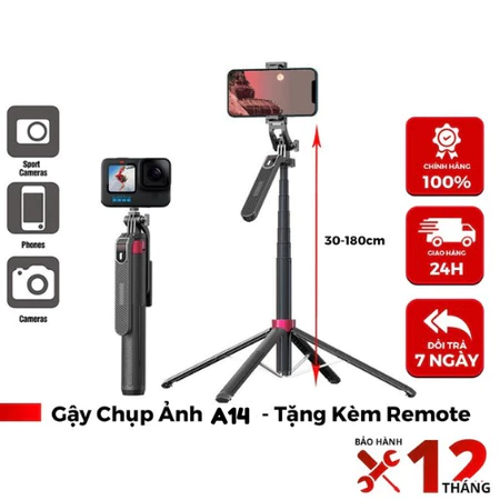 Gậy chụp ảnh Selfie 4 chân A14 1M8 điều khiển từ xa có đèn